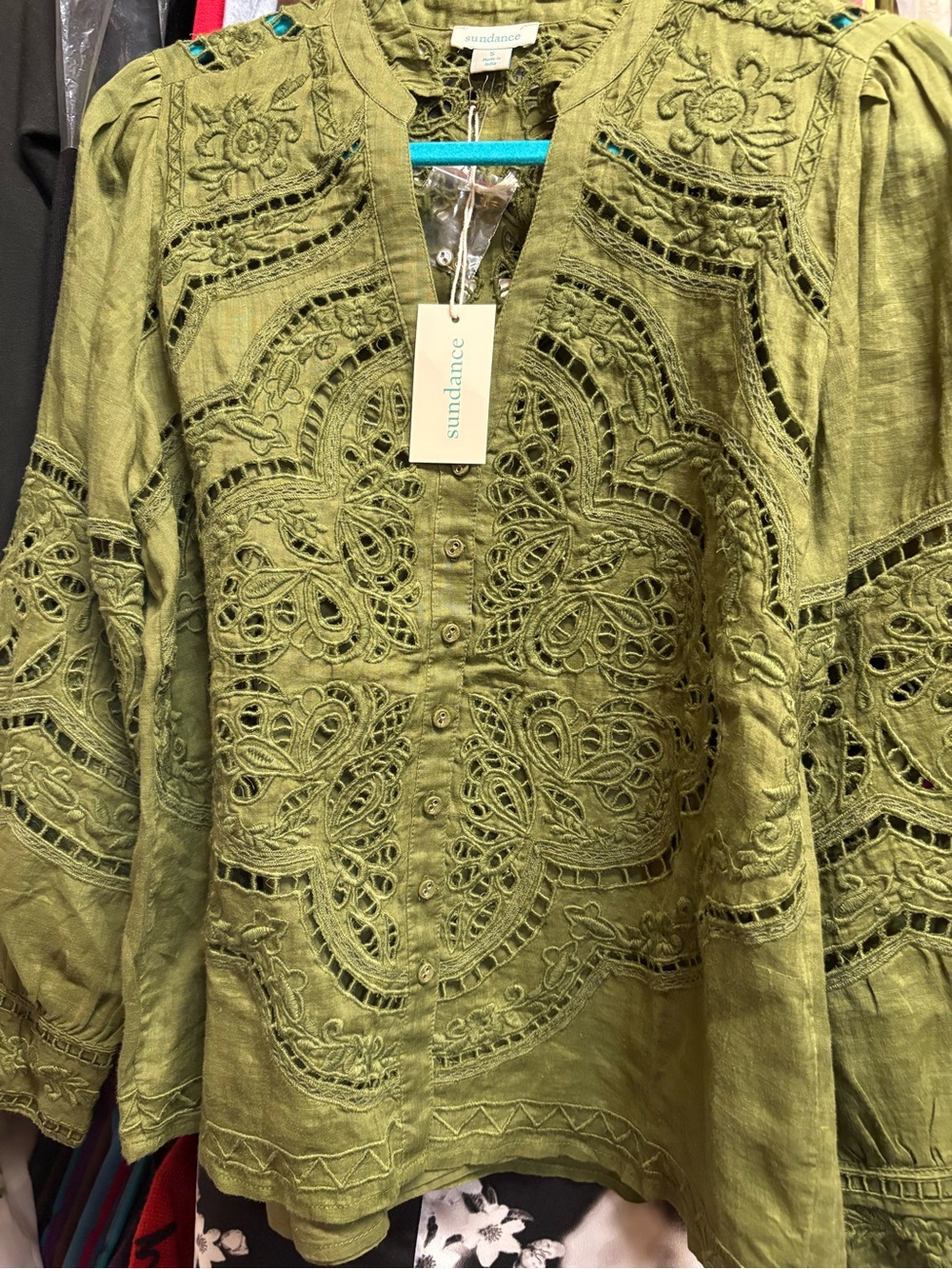 Sundance Olive Green Cutout Embroidered Button-Front Blouse